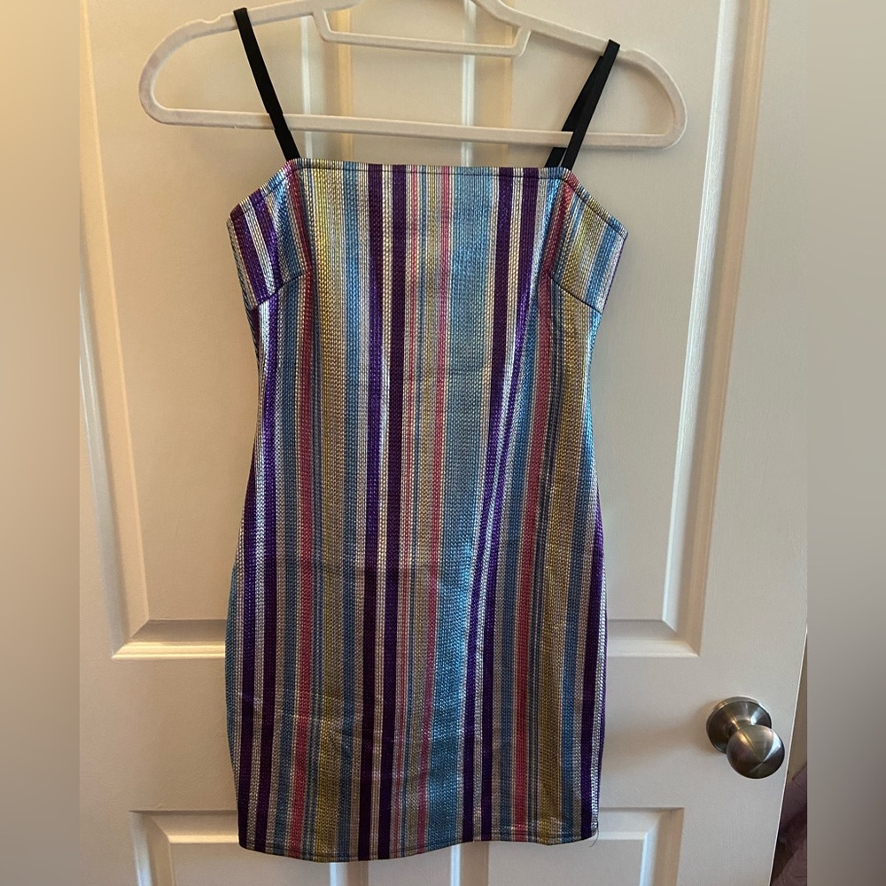 Metallic body-con striped mini dress.